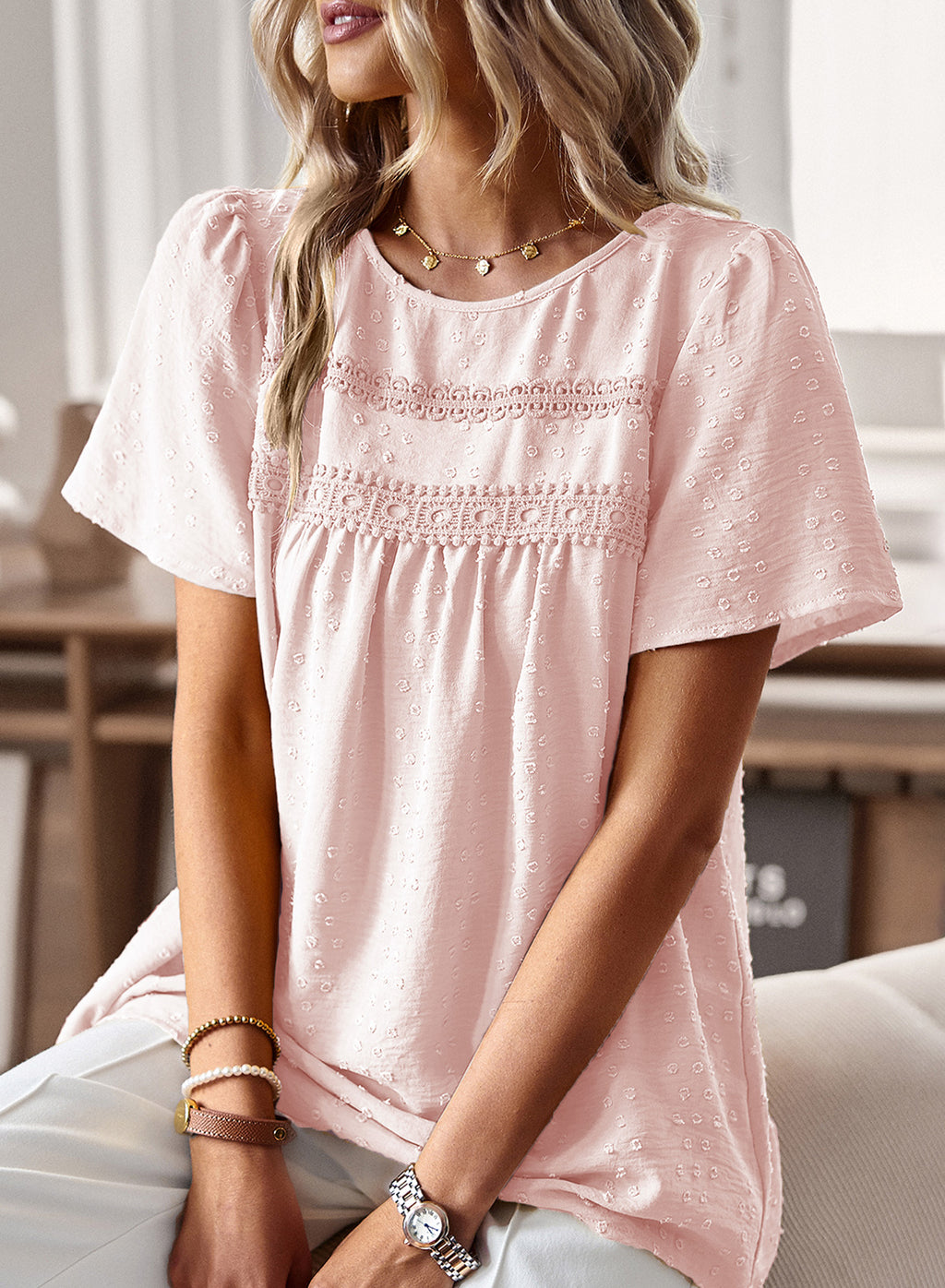 Womens Summer Tops Crewneck Short Sleeve Shirts Flowy Lace Hem Casual Chiffon Blouses