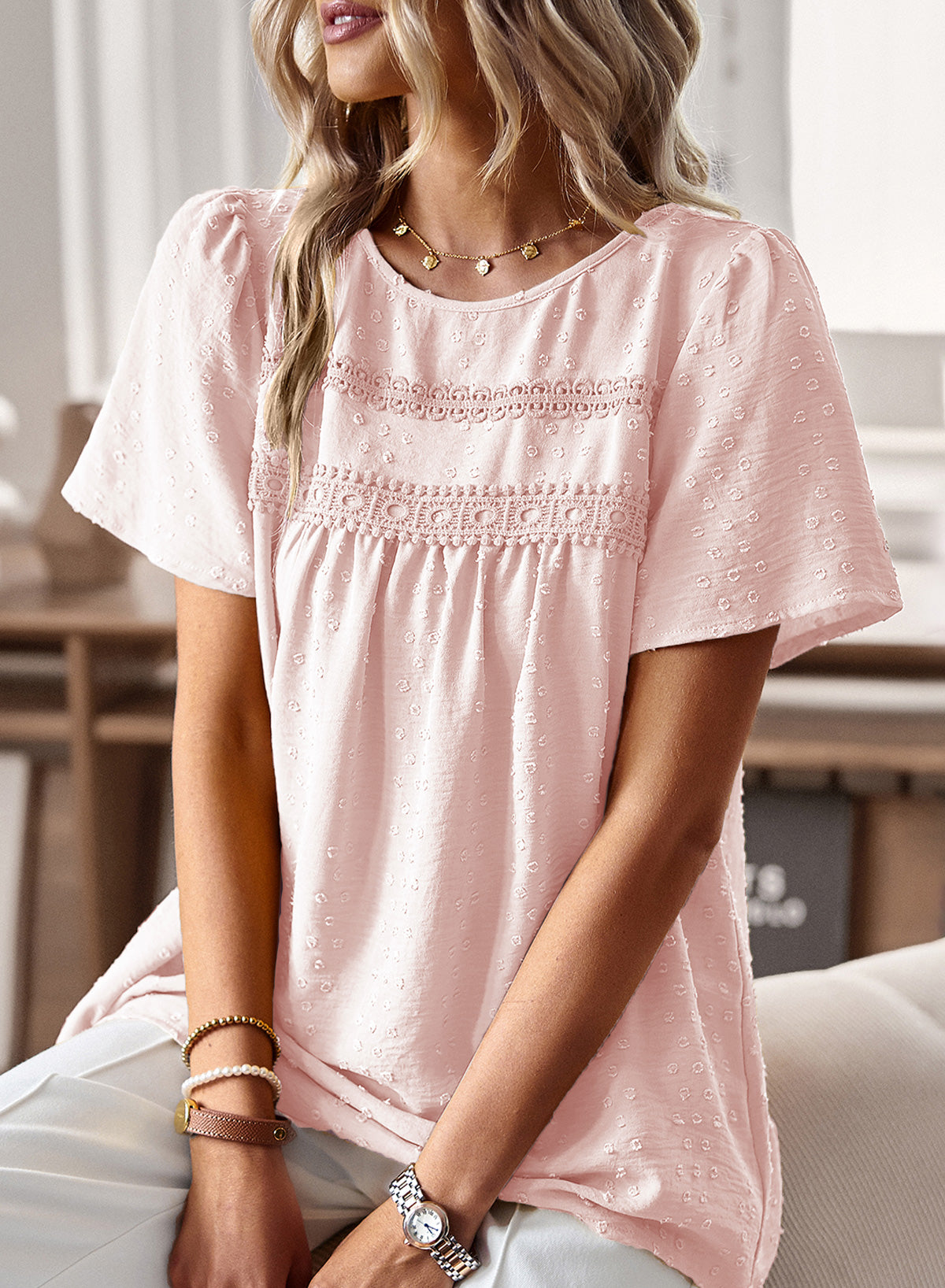 Womens Summer Tops Crewneck Short Sleeve Shirts Flowy Lace Hem Casual Chiffon Blouses