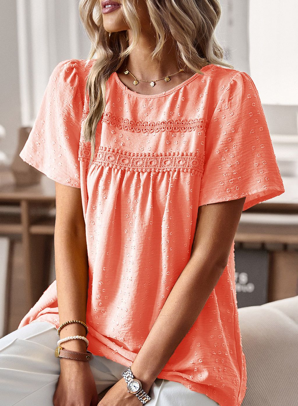 Womens Summer Tops Crewneck Short Sleeve Shirts Flowy Lace Hem Casual Chiffon Blouses