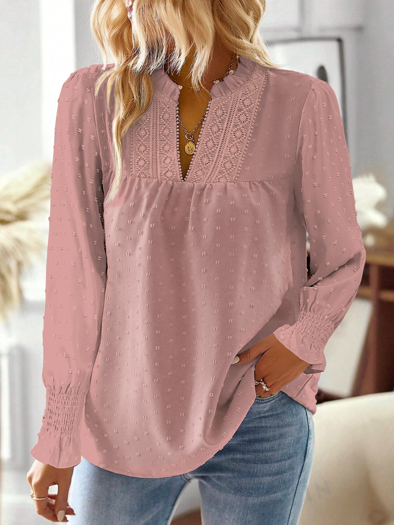 Boho Tops for Women V Neck Blouses Flowy Swiss Dot Lace Long Sleeve Shirts