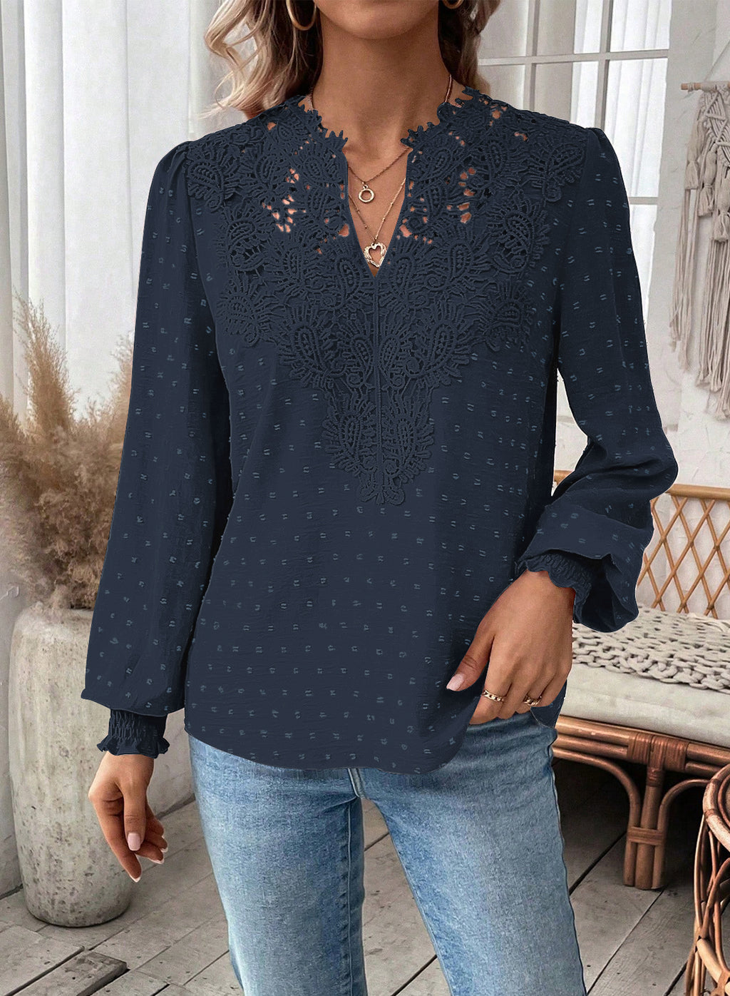 Womens Tops Swiss Dot Boho Long Sleeve Shirts V Neck Casual Chiffon Blouses