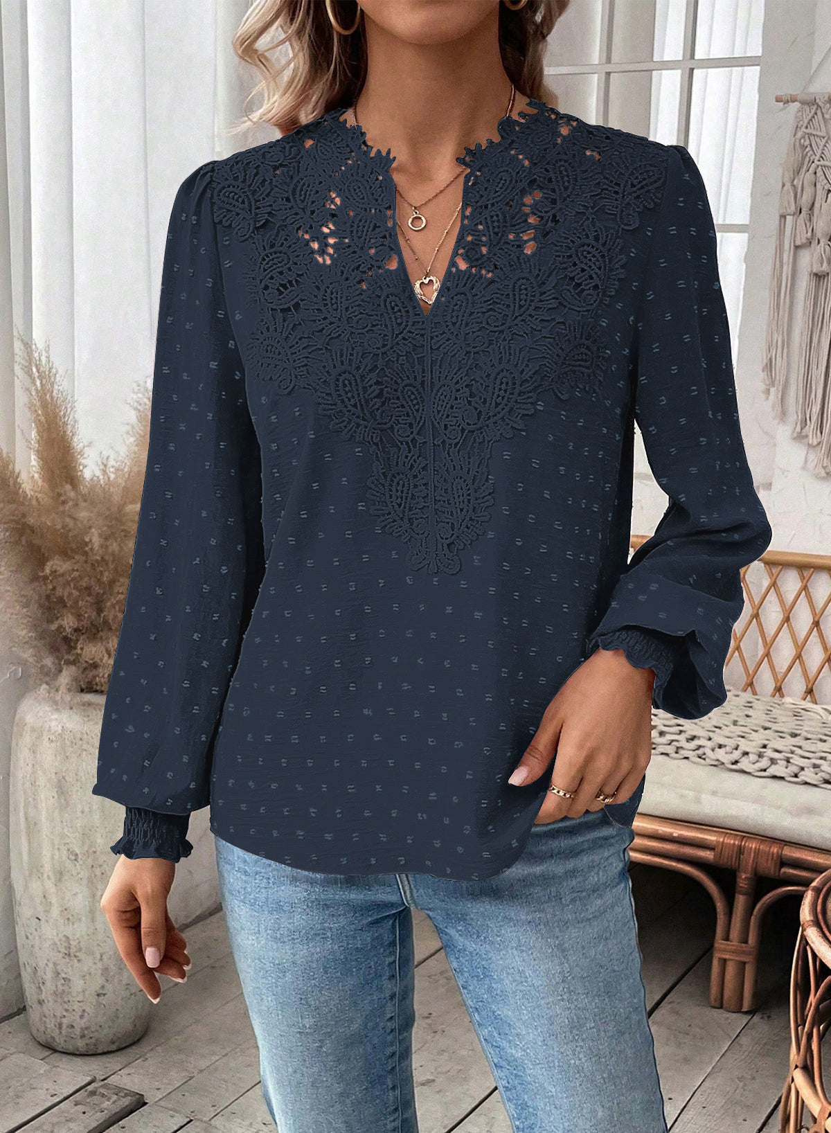 Womens Tops Swiss Dot Boho Long Sleeve Shirts V Neck Casual Chiffon Blouses