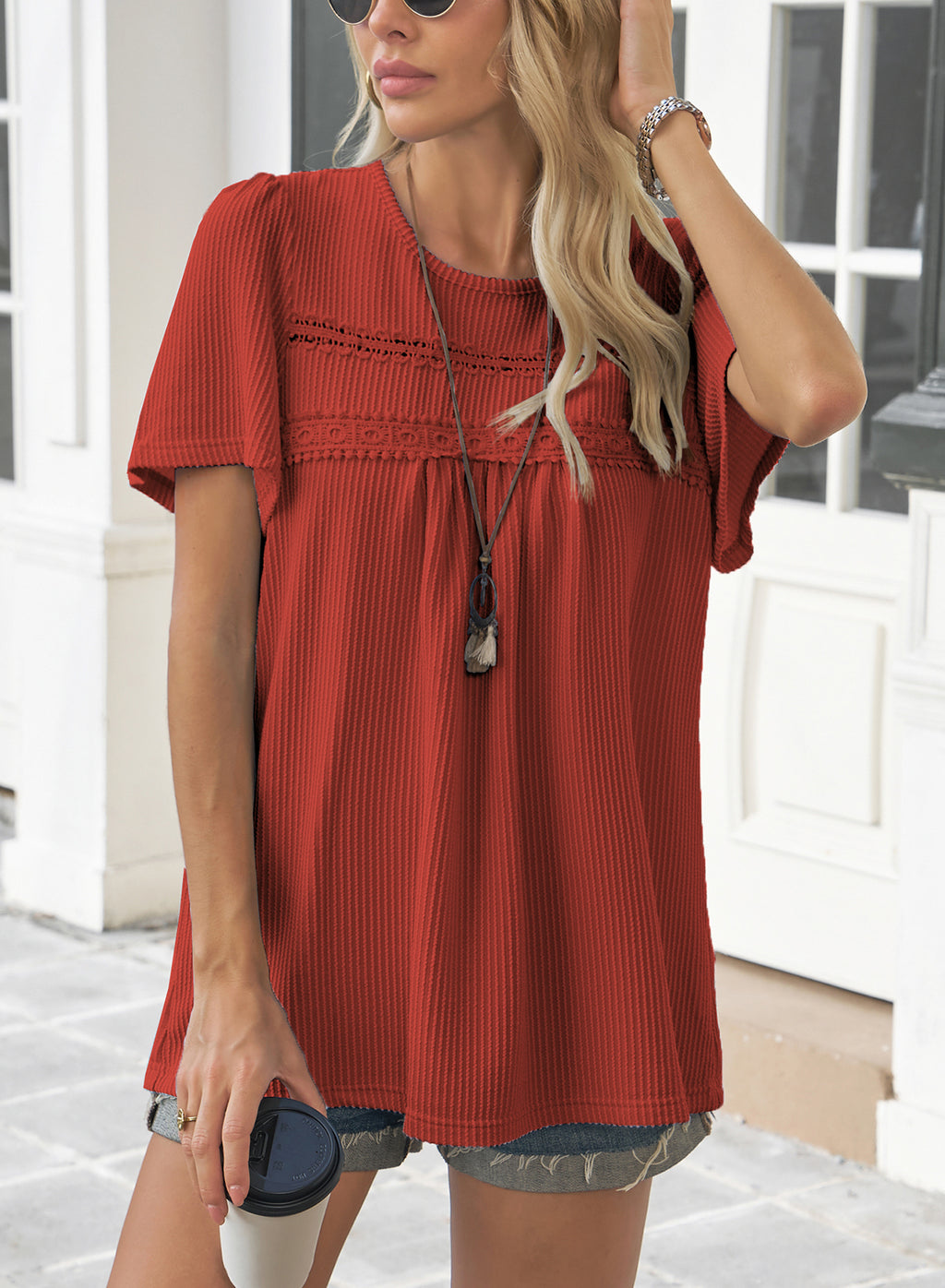 Womens Summer Tops Crewneck Short Sleeve Striped Shirts Casual Ribbed Blouses