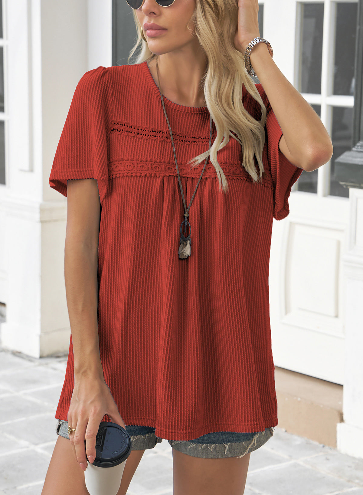 Womens Summer Tops Crewneck Short Sleeve Striped Shirts Casual Ribbed Blouses