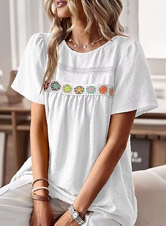 Womens Summer Tops Short Sleeve Shirts Floral Crochet Chiffon Blouses Swiss Dot Clothing