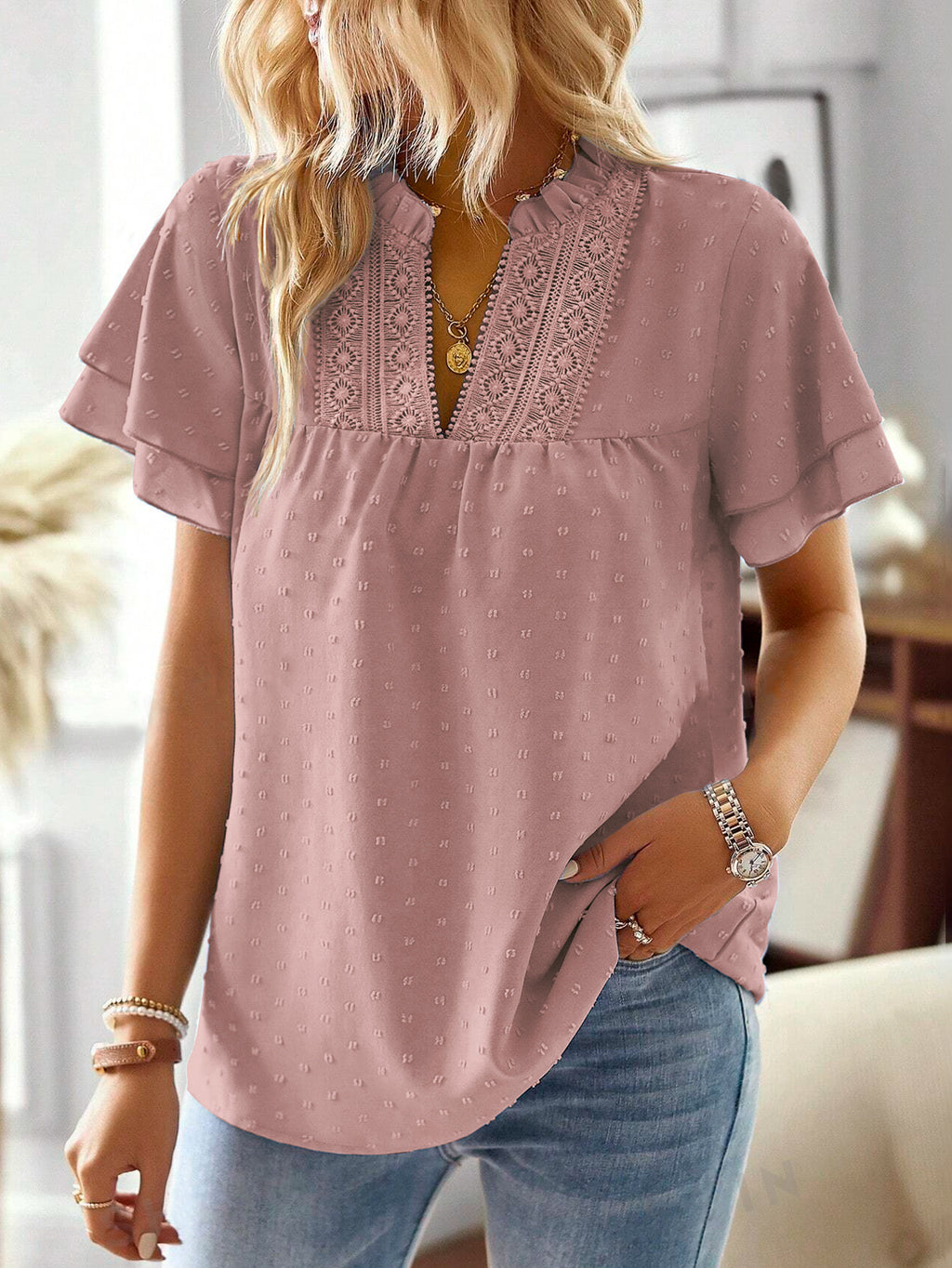 Womens Tops Butterfly Sleeve V Neck Blouses Swiss Dot Flowy Ruffle Short Sleeve Shirts