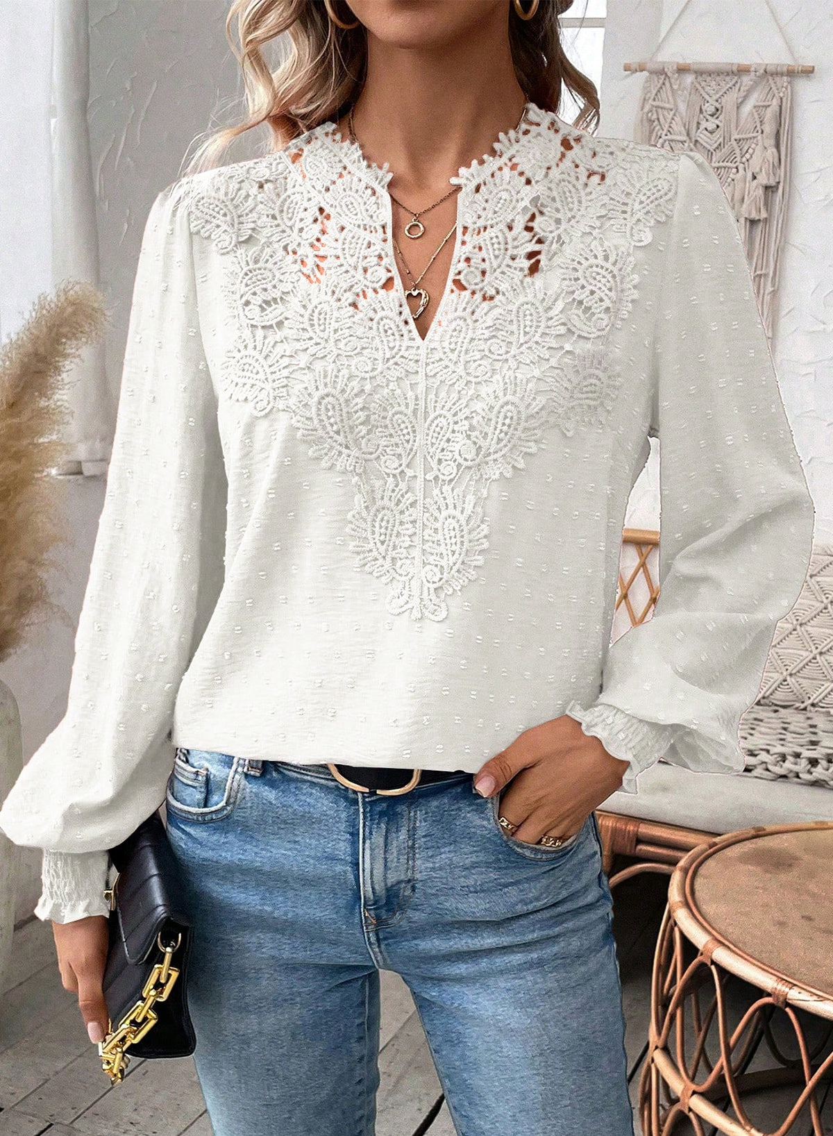 Womens Tops Swiss Dot Boho Long Sleeve Shirts V Neck Casual Chiffon Blouses