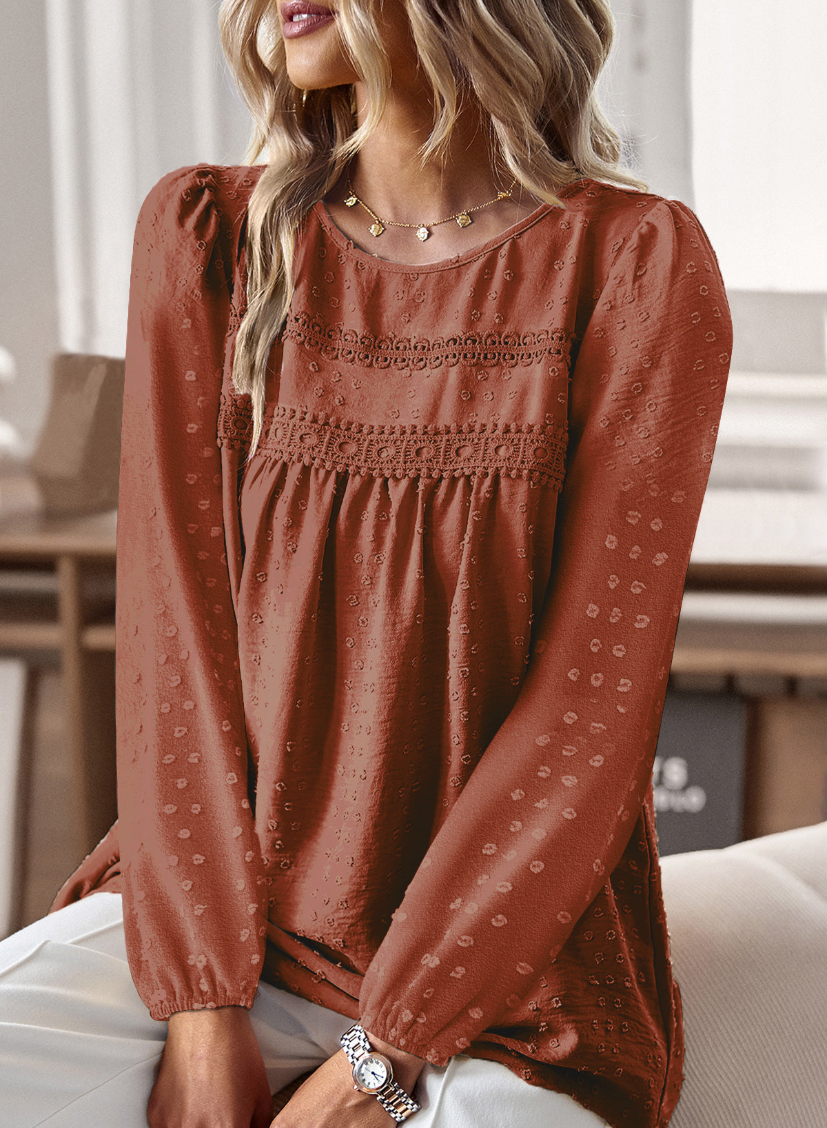 Boho Tops for Women Long Sleeve Shirts Crewneck Flowy Blouses Lace Hem Clothing