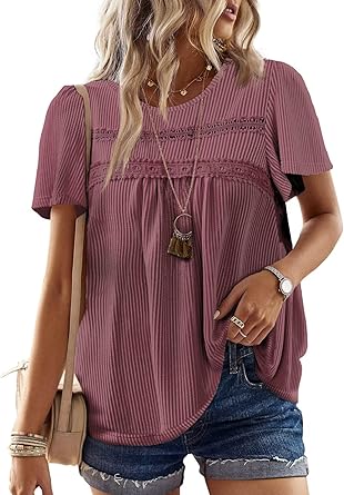 Womens Summer Tops Crewneck Short Sleeve Striped Shirts Casual Ribbed Blouses