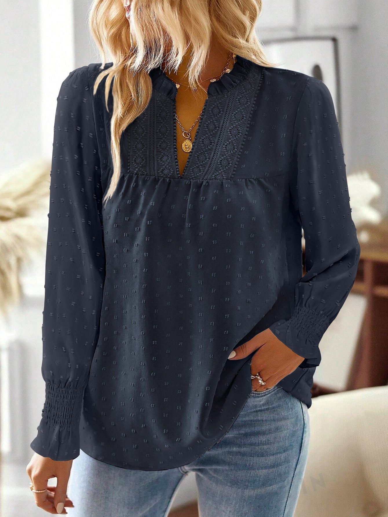 Boho Tops for Women V Neck Blouses Flowy Swiss Dot Lace Long Sleeve Shirts