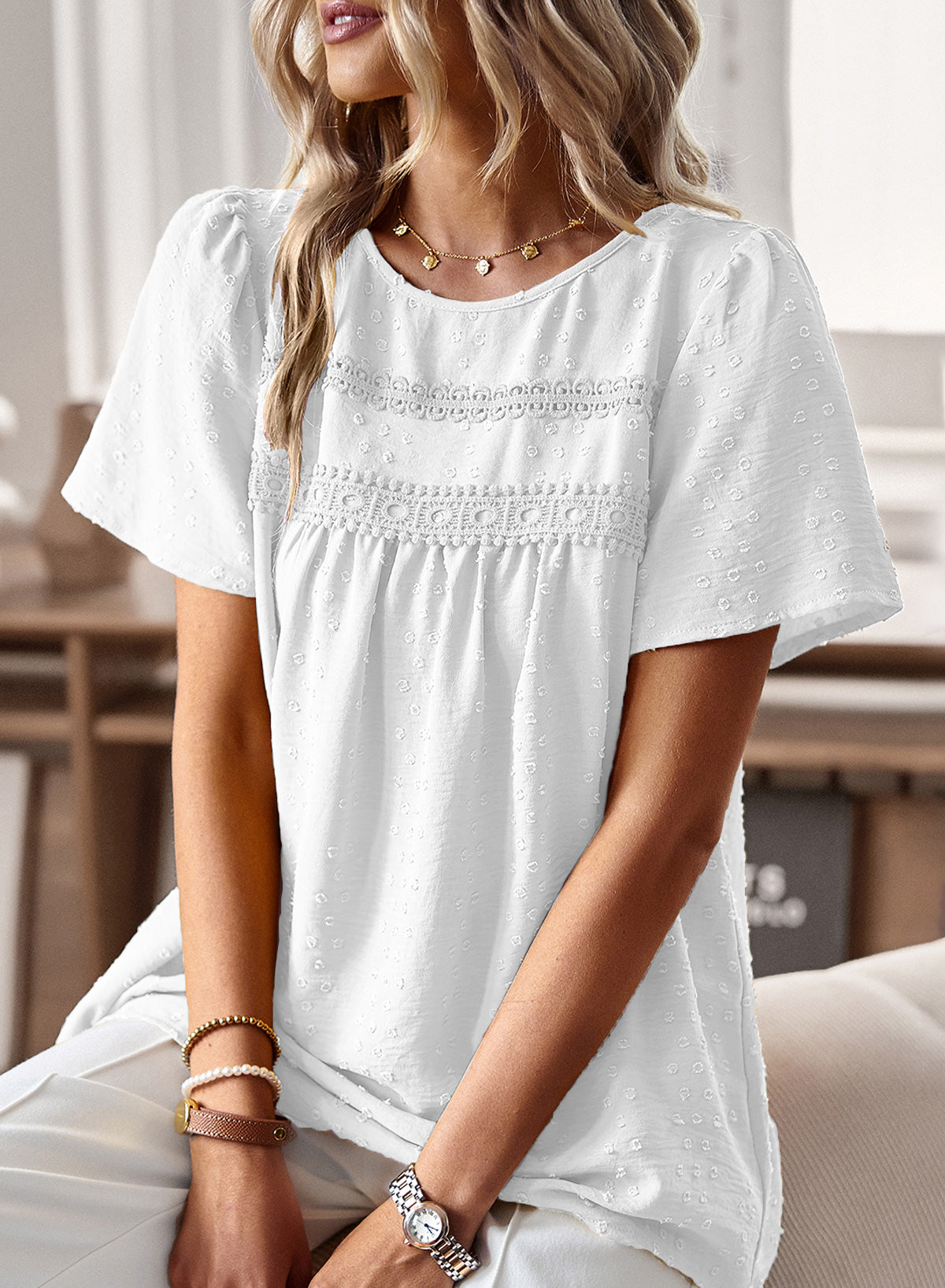 Womens Summer Tops Crewneck Short Sleeve Shirts Flowy Lace Hem Casual Chiffon Blouses