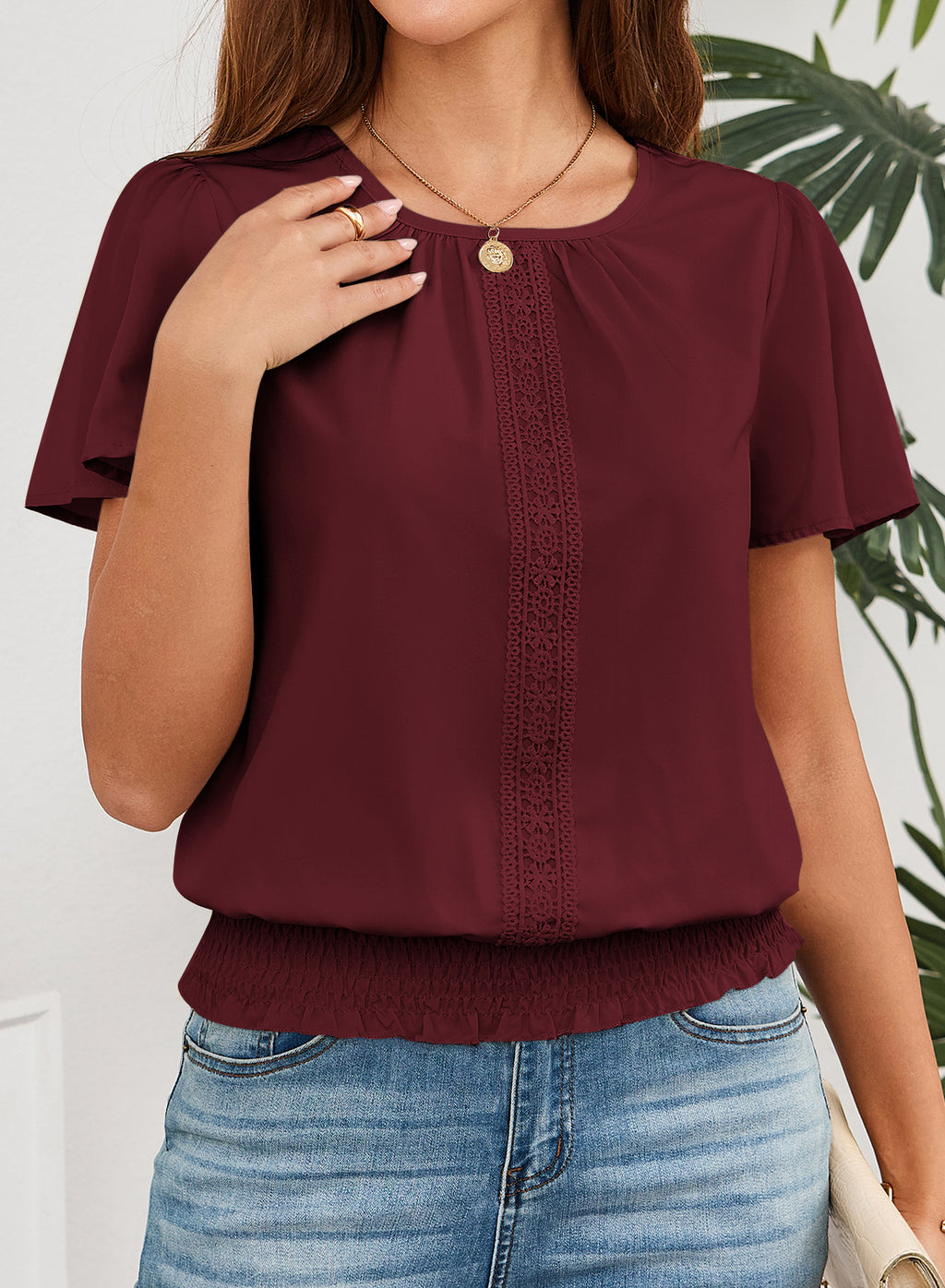Womens Summer Tops Scoop Neck Ruffle Sleeve Shirts