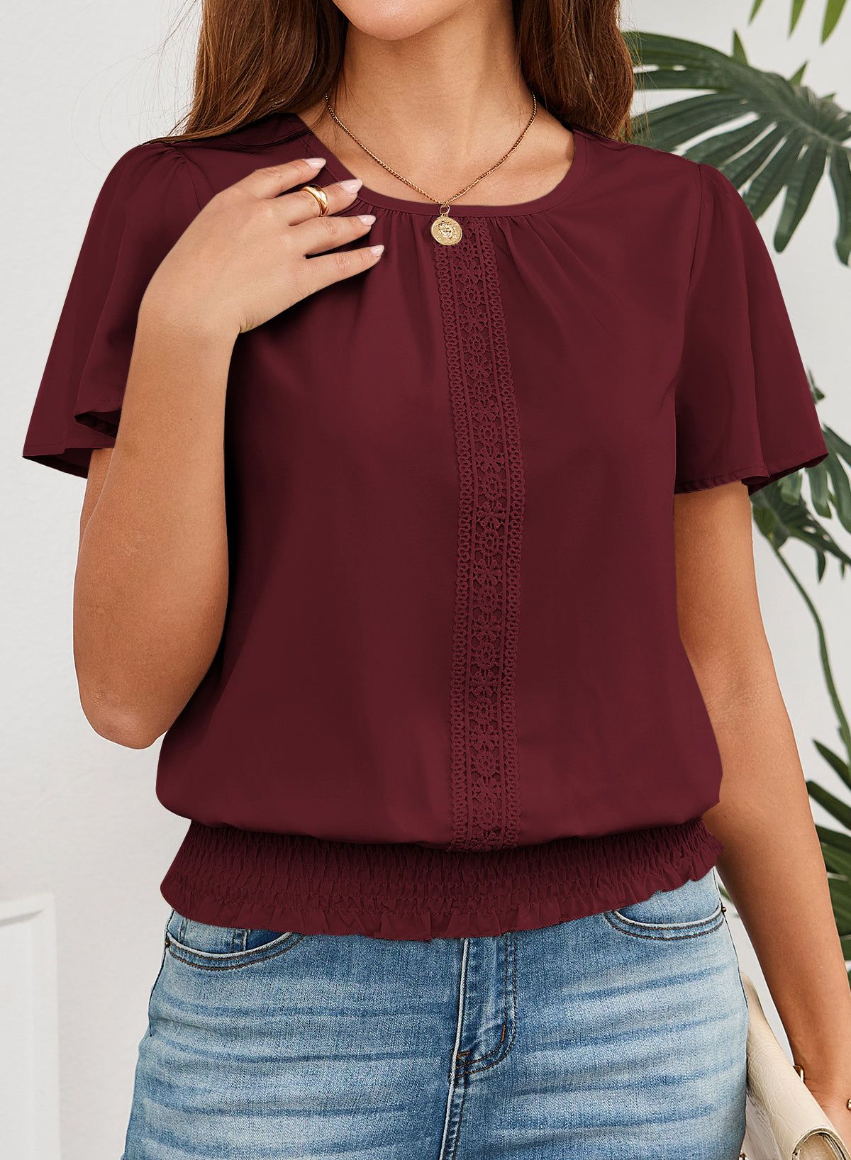 Womens Summer Tops Scoop Neck Ruffle Sleeve Shirts