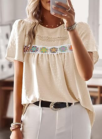 Womens Summer Tops Short Sleeve Shirts Floral Crochet Chiffon Blouses Swiss Dot Clothing