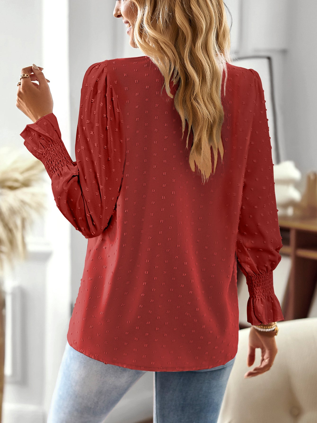 Boho Tops for Women V Neck Blouses Flowy Swiss Dot Lace Long Sleeve Shirts