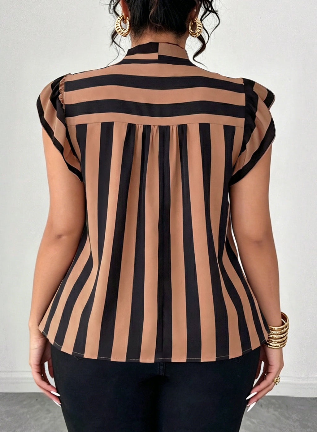 Women's Vertical Striped Tie Neck Blouses Ruffle Cap Sleeve Summer Work Tops