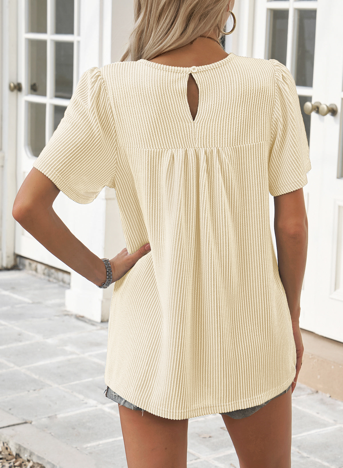 Womens Summer Tops Crewneck Short Sleeve Striped Shirts Casual Ribbed Blouses