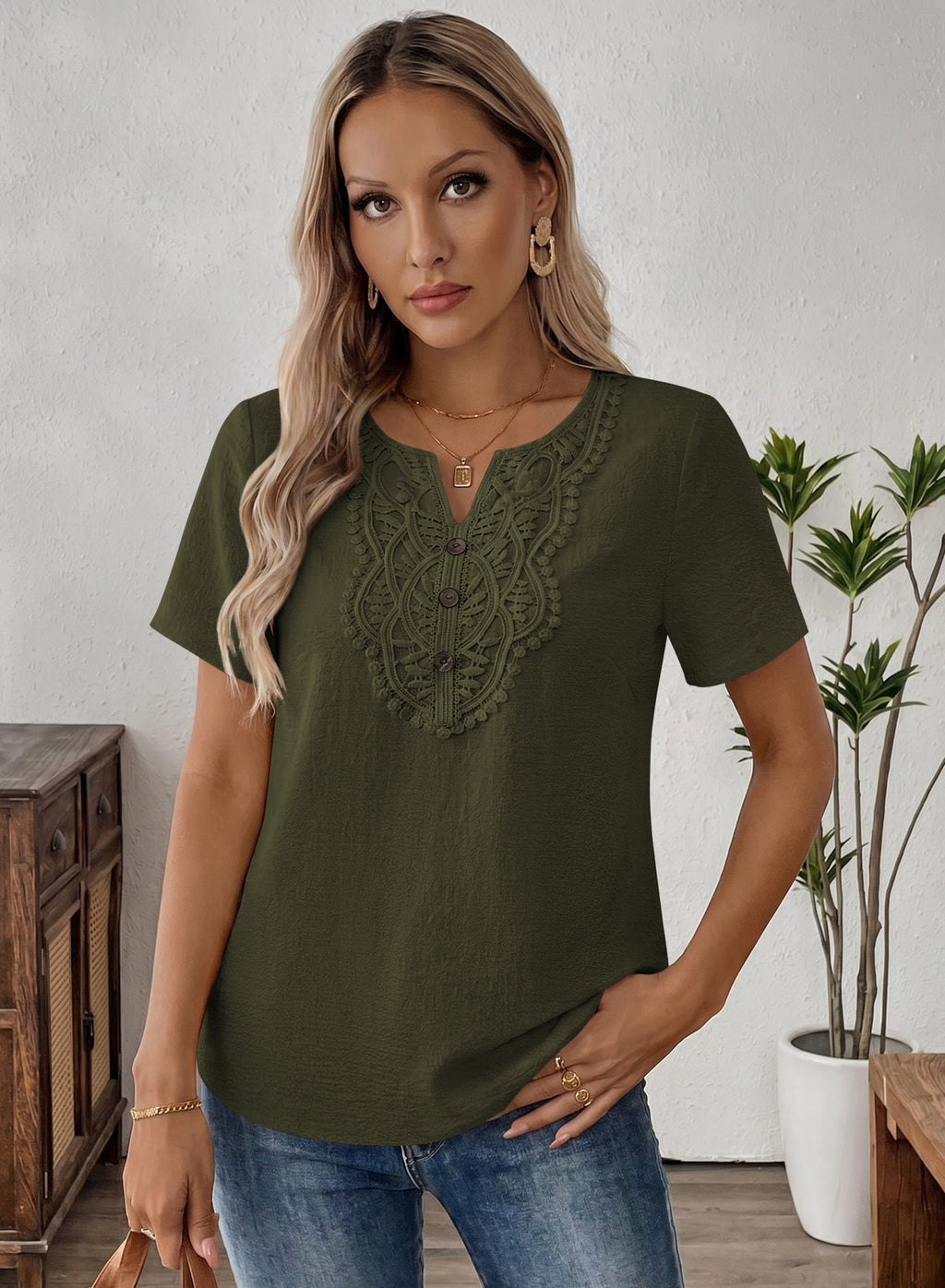 Womens Summer Tops Short Sleeve Boho Blouses Casual Lace V Neck Button Shirts