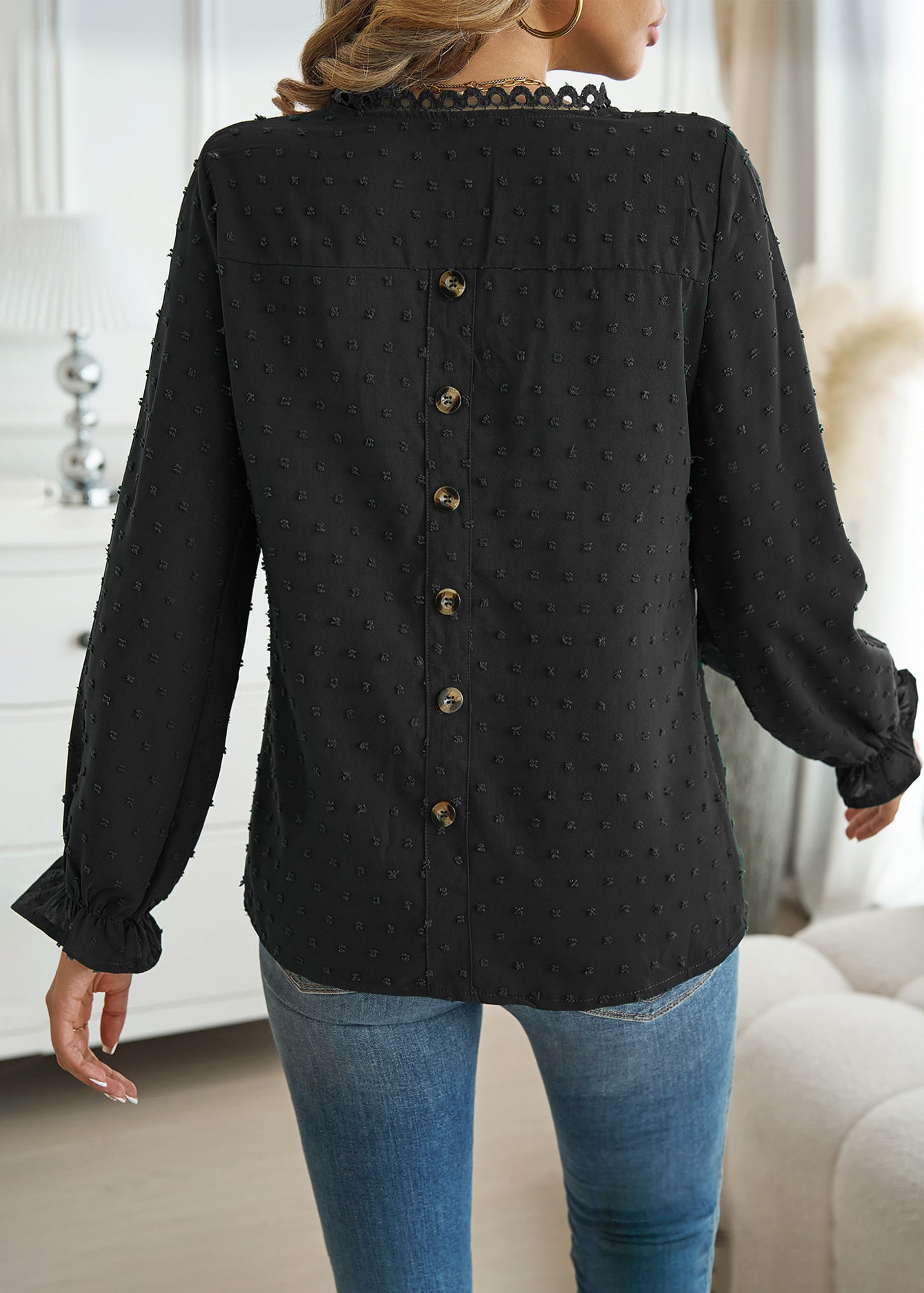 Womens Boho Tops Long Sleeve Shirts For Women Swiss Dot Cute Crewneck Blouse