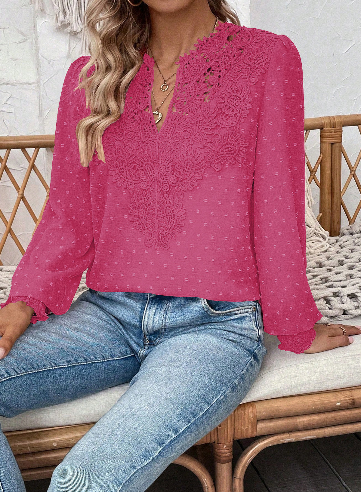 Womens Tops Swiss Dot Boho Long Sleeve Shirts V Neck Casual Chiffon Blouses