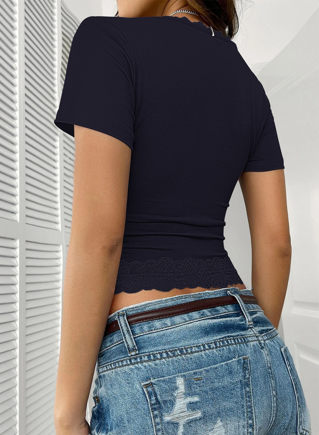 Womens Summer Tops Lace Square Neck Short Sleeve Shirts Y2K Tee Fitted Slim T-Shirts