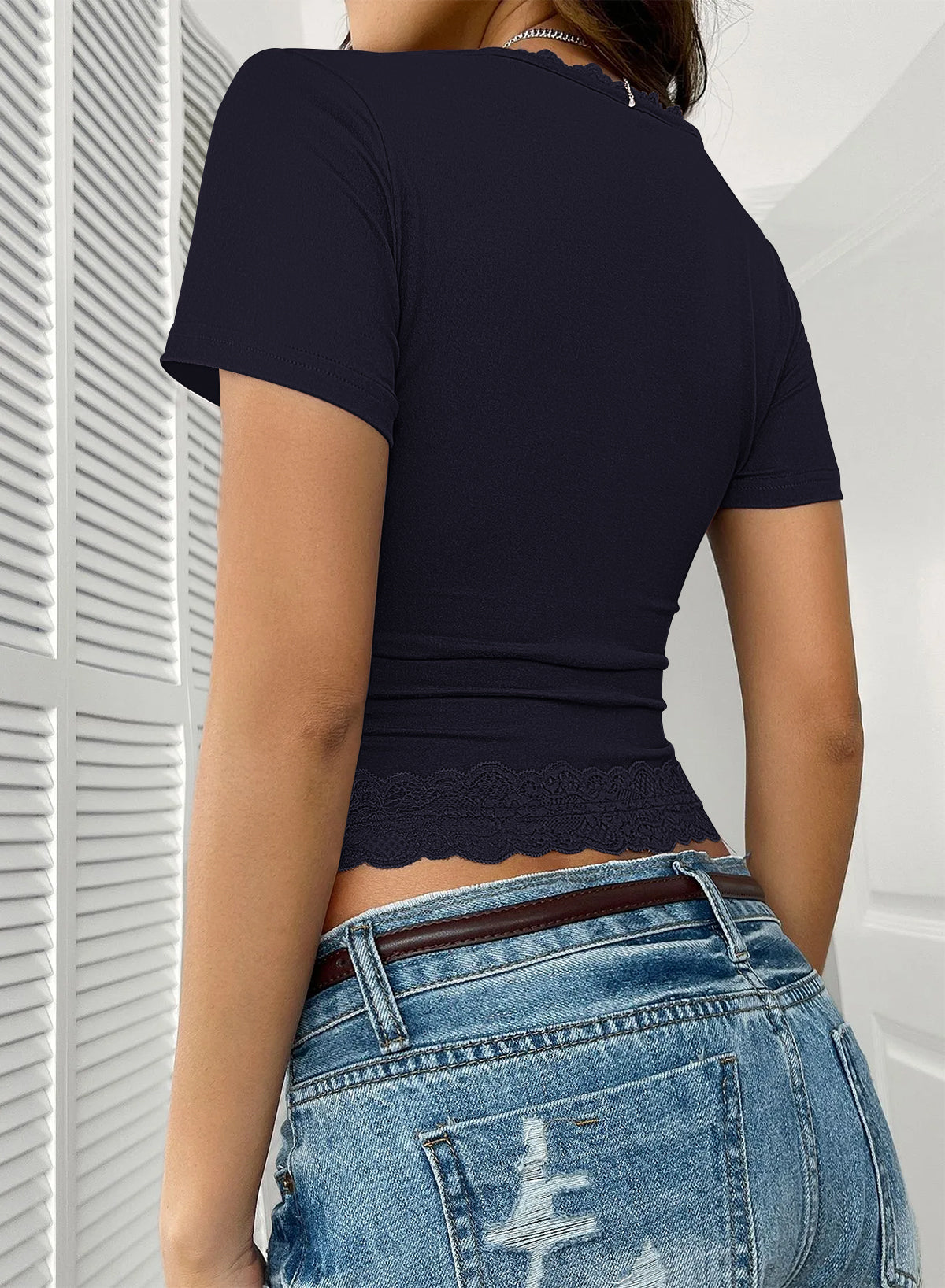 Womens Summer Tops Lace Square Neck Short Sleeve Shirts Y2K Tee Fitted Slim T-Shirts