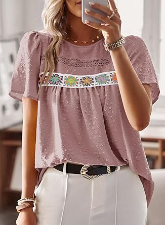 Womens Summer Tops Short Sleeve Shirts Floral Crochet Chiffon Blouses Swiss Dot Clothing