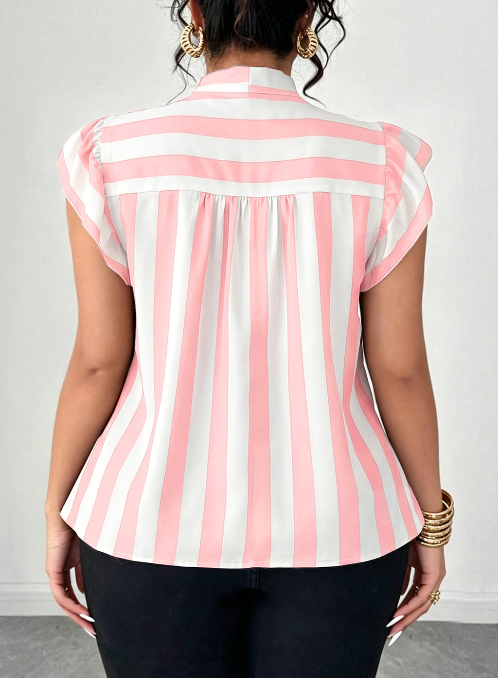 Women's Vertical Striped Tie Neck Blouses Ruffle Cap Sleeve Summer Work Tops