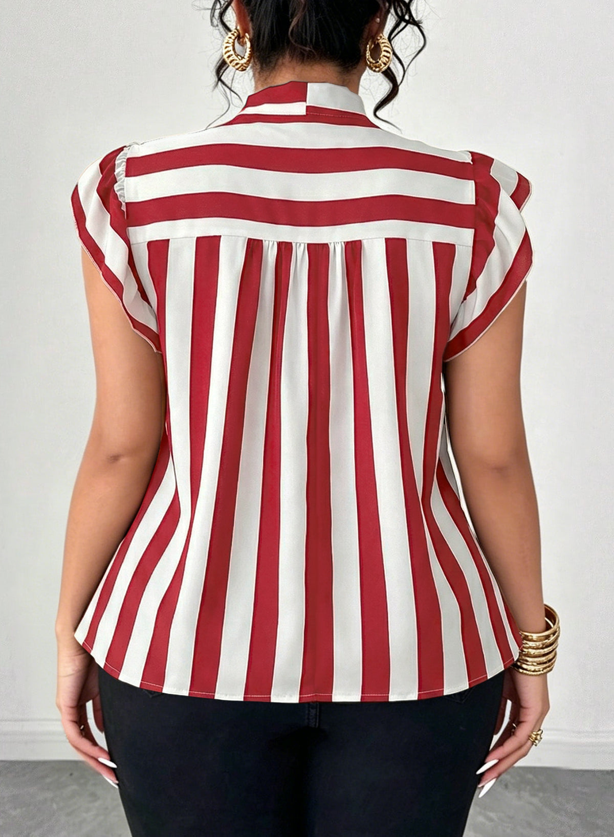 Women's Vertical Striped Tie Neck Blouses Ruffle Cap Sleeve Summer Work Tops
