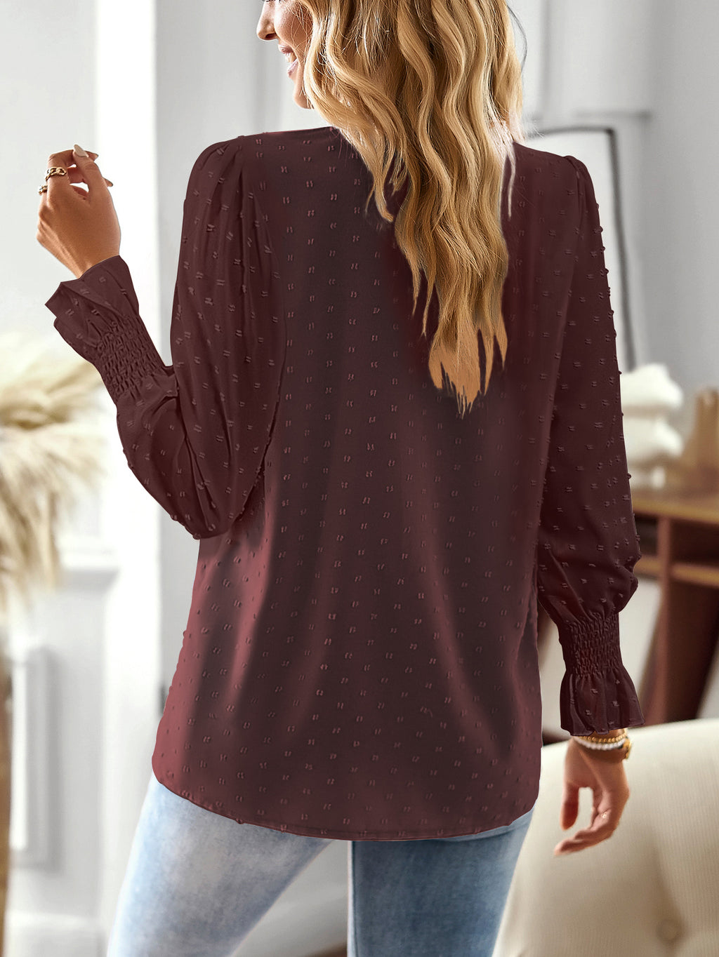 Boho Tops for Women V Neck Blouses Flowy Swiss Dot Lace Long Sleeve Shirts