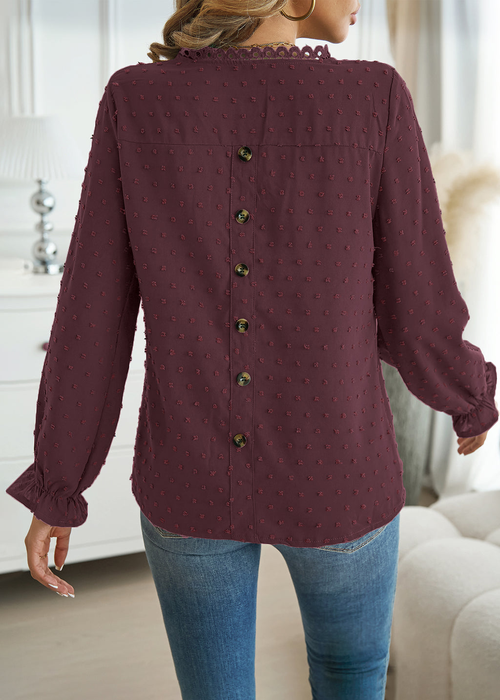 Womens Boho Tops Long Sleeve Shirts For Women Swiss Dot Cute Crewneck Blouse