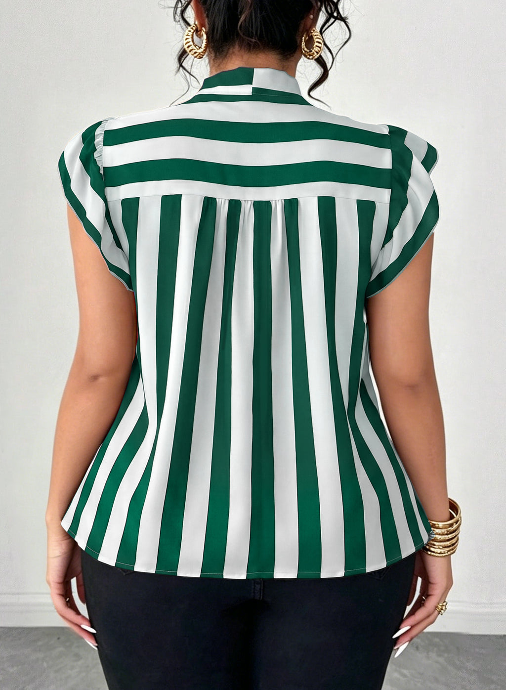 Women's Vertical Striped Tie Neck Blouses Ruffle Cap Sleeve Summer Work Tops