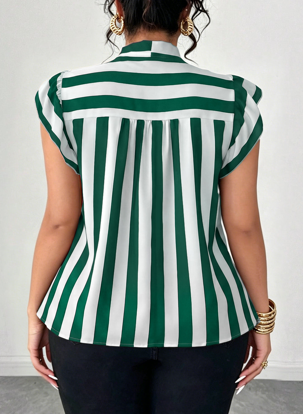 Women's Vertical Striped Tie Neck Blouses Ruffle Cap Sleeve Summer Work Tops
