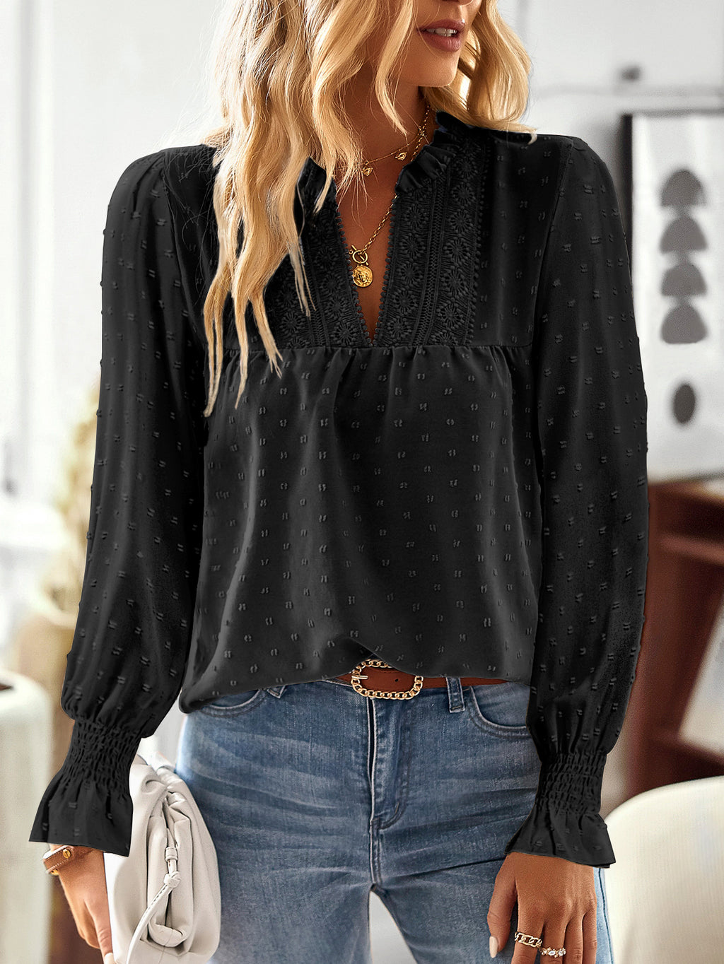 Boho Tops for Women V Neck Blouses Flowy Swiss Dot Lace Long Sleeve Shirts
