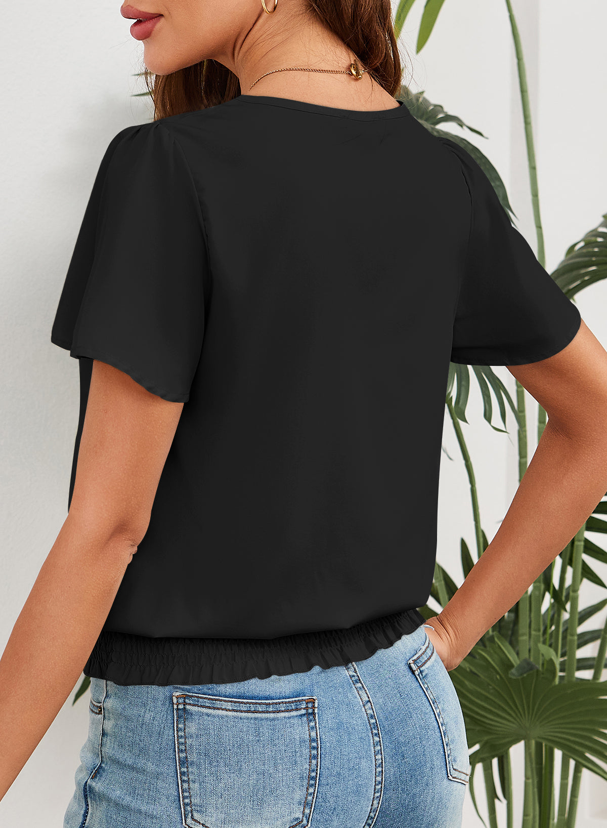 Womens Summer Tops Scoop Neck Ruffle Sleeve Shirts