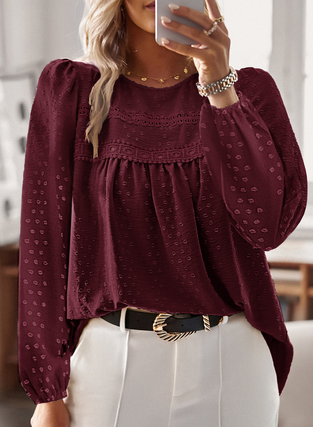Boho Tops for Women Long Sleeve Shirts Crewneck Flowy Blouses Lace Hem Clothing