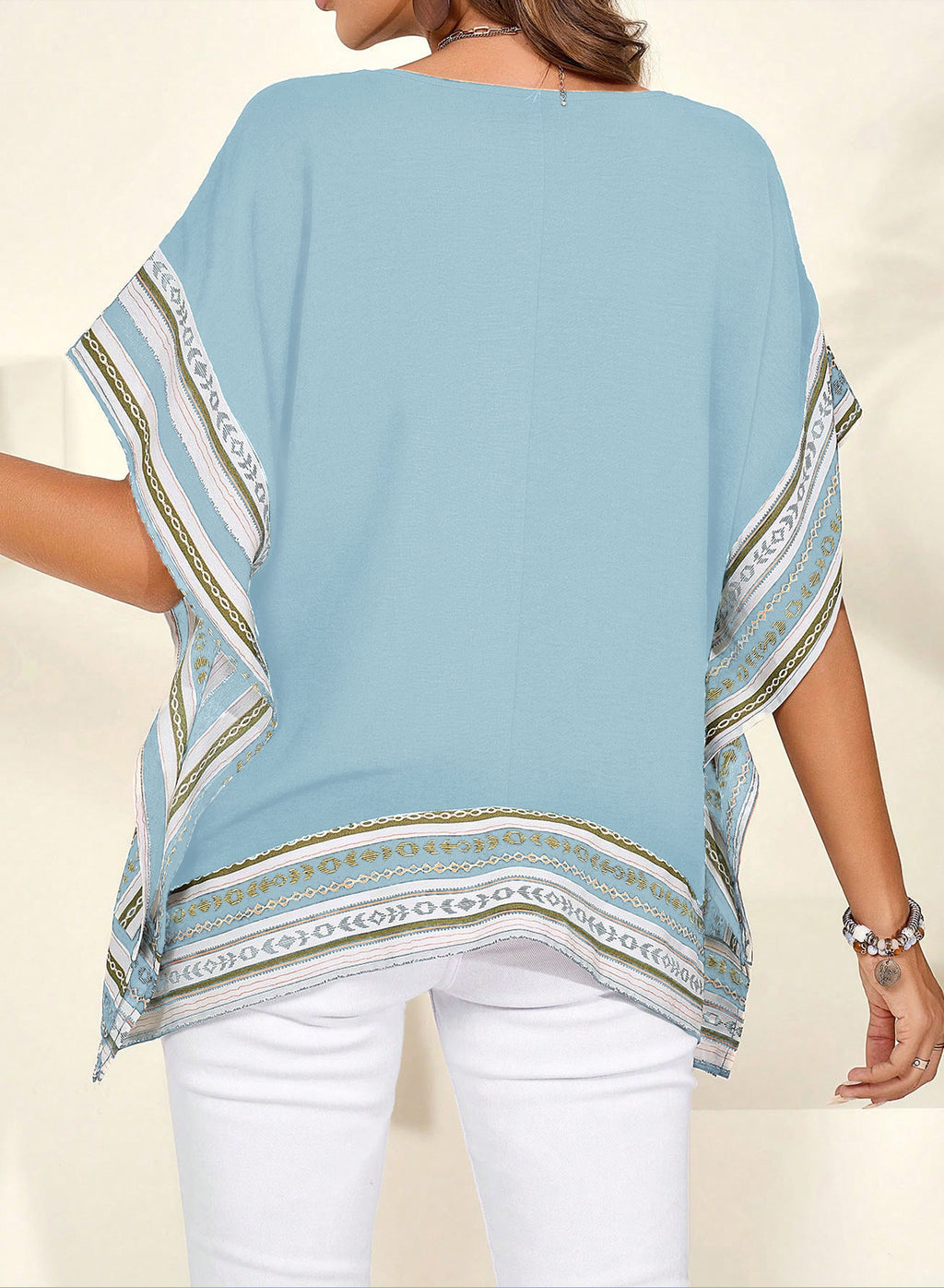 Women's Casual V Neck Floral Tops Batwing Sleeve Blouse Loose Fitting Shirts