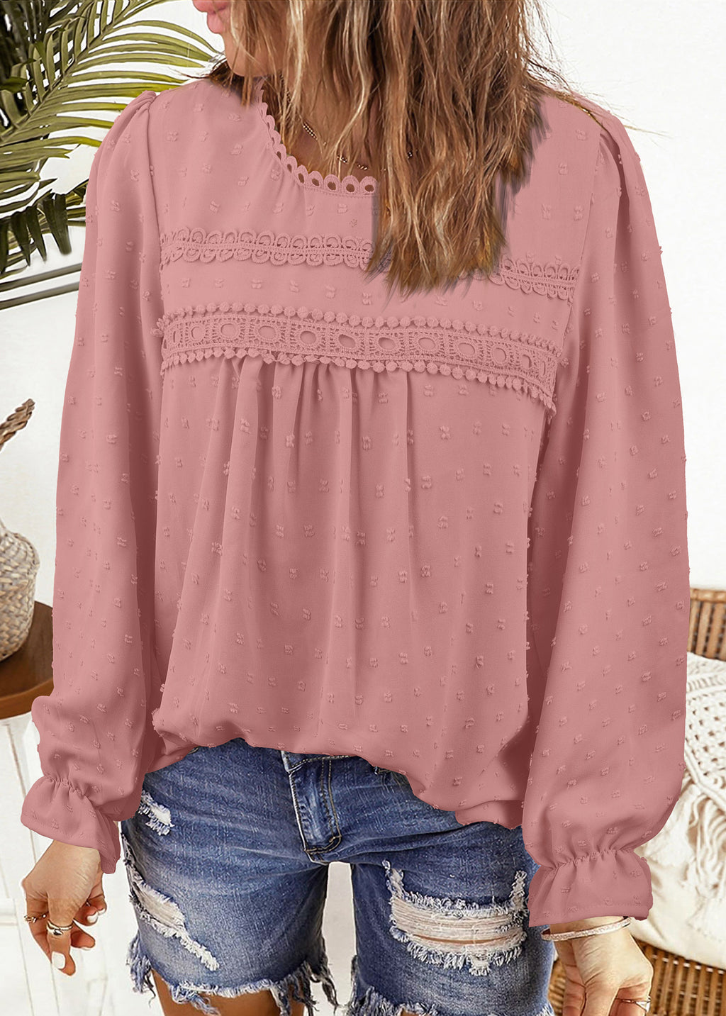 Womens Boho Tops Long Sleeve Shirts For Women Swiss Dot Cute Crewneck Blouse