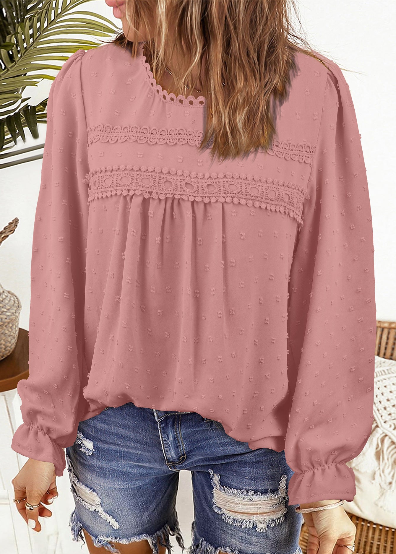 Womens Boho Tops Long Sleeve Shirts For Women Swiss Dot Cute Crewneck Blouse