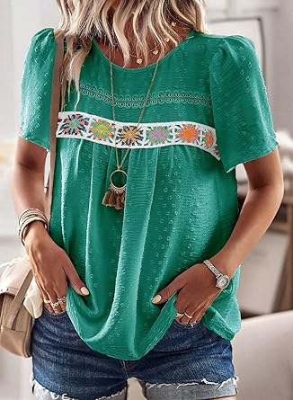 Womens Summer Tops Short Sleeve Shirts Floral Crochet Chiffon Blouses Swiss Dot Clothing