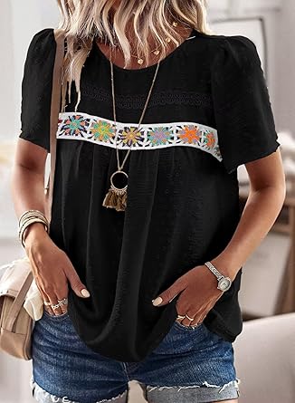 Womens Summer Tops Short Sleeve Shirts Floral Crochet Chiffon Blouses Swiss Dot Clothing