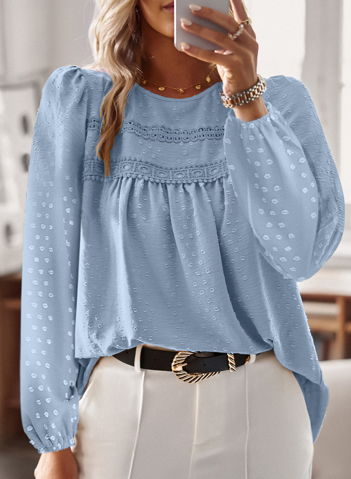 Boho Tops for Women Long Sleeve Shirts Crewneck Flowy Blouses Lace Hem Clothing