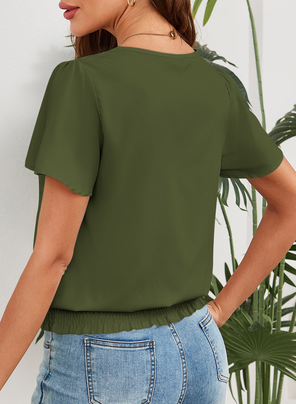 Womens Summer Tops Scoop Neck Ruffle Sleeve Shirts