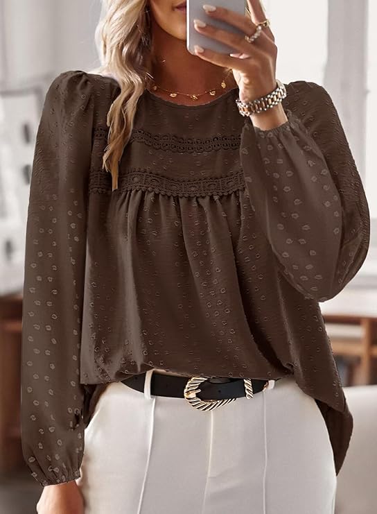 Boho Tops for Women Long Sleeve Shirts Crewneck Flowy Blouses Lace Hem Clothing