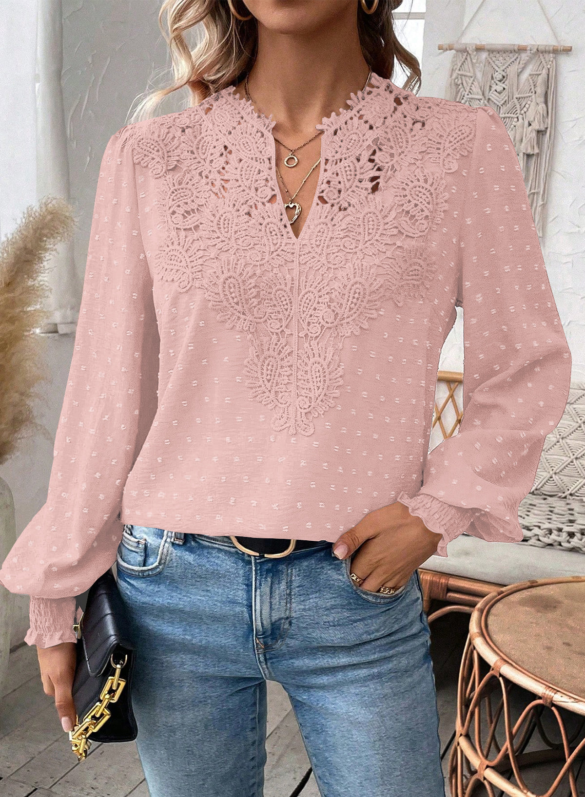 Womens Tops Swiss Dot Boho Long Sleeve Shirts V Neck Casual Chiffon Blouses