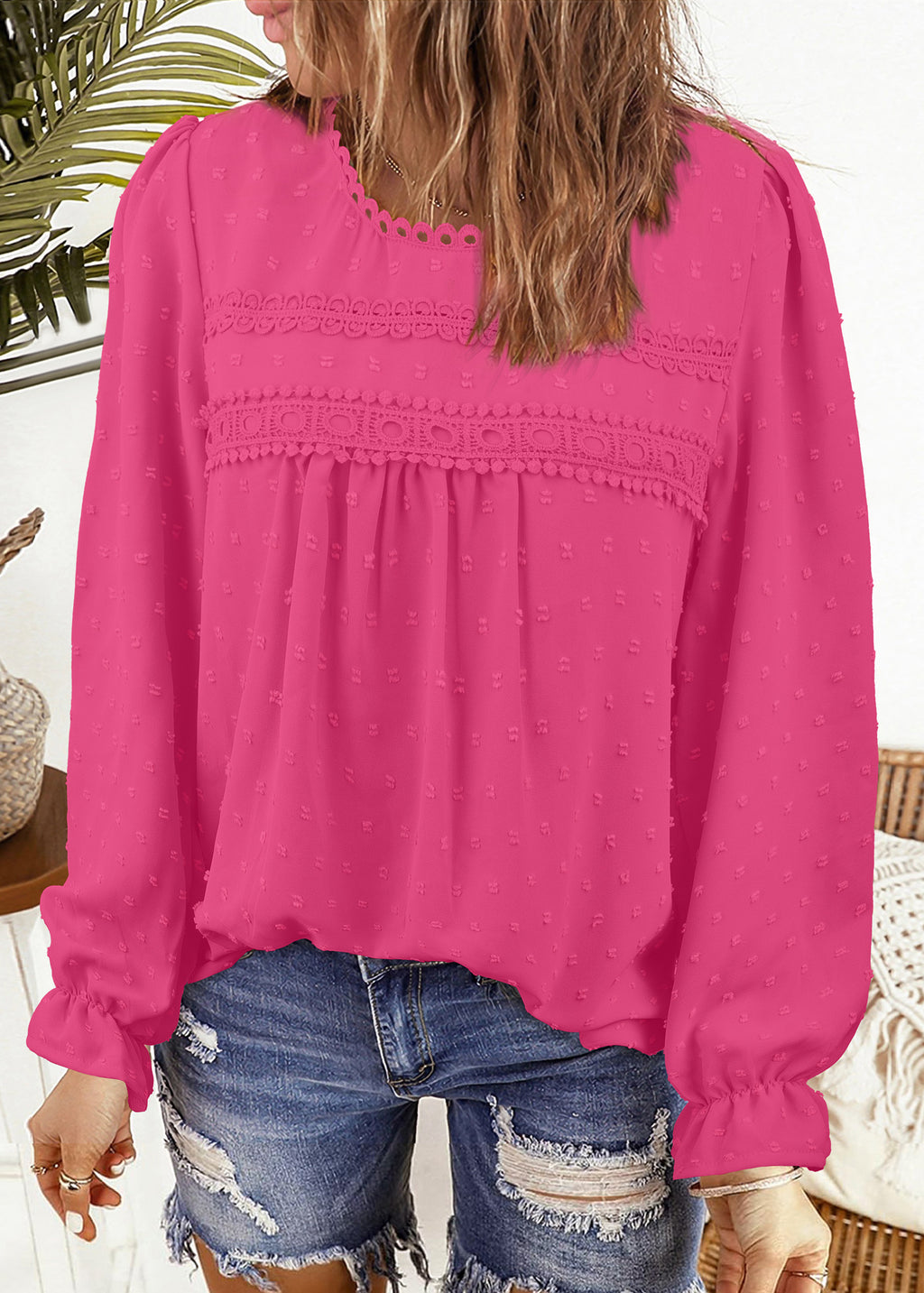 Womens Boho Tops Long Sleeve Shirts For Women Swiss Dot Cute Crewneck Blouse