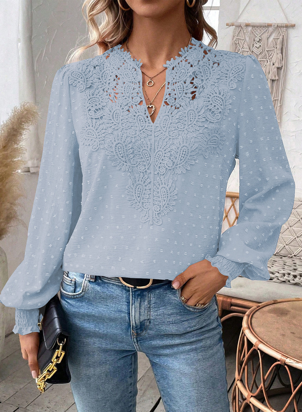 Womens Tops Swiss Dot Boho Long Sleeve Shirts V Neck Casual Chiffon Blouses