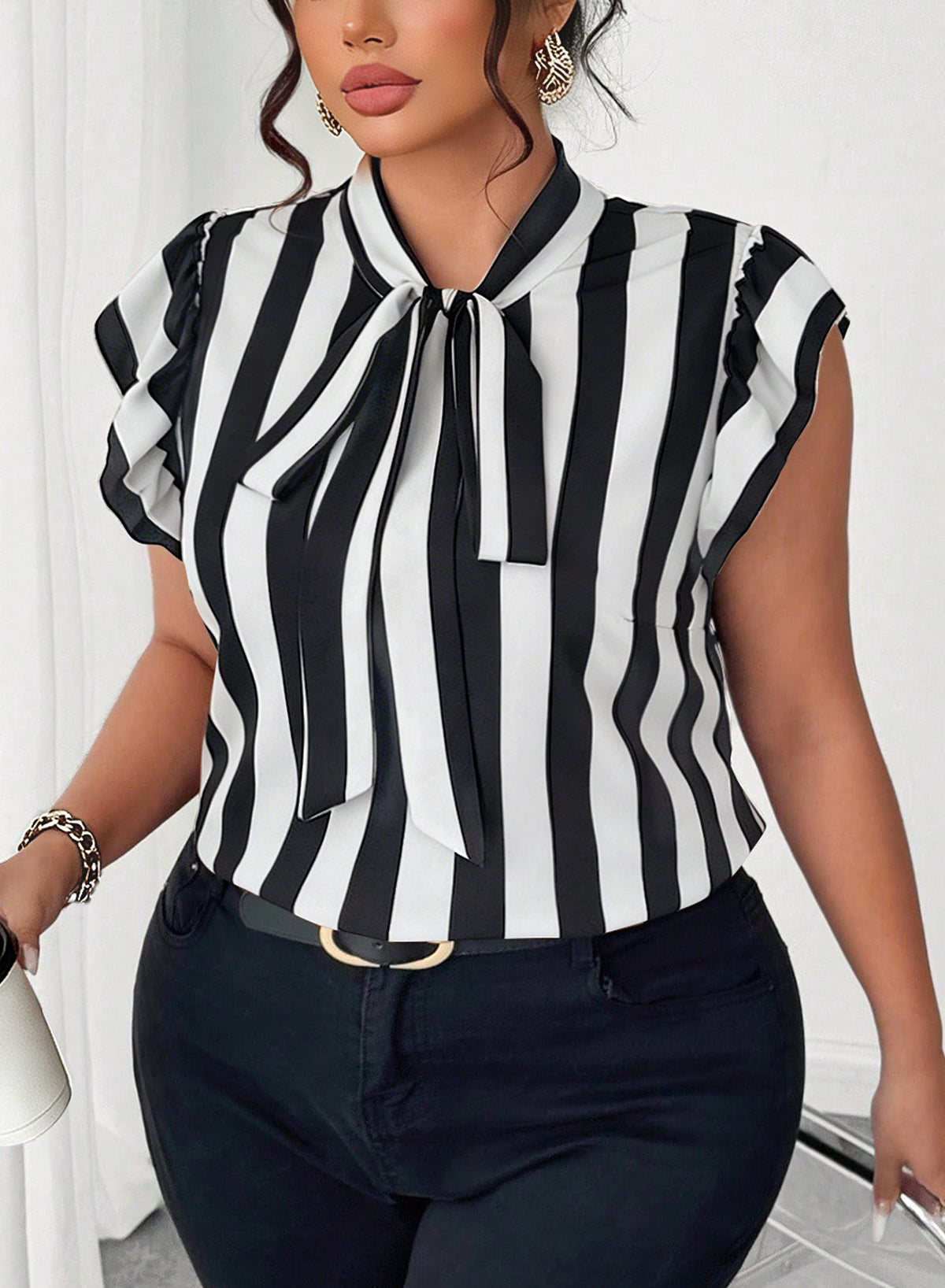 Women's Vertical Striped Tie Neck Blouses Ruffle Cap Sleeve Summer Work Tops