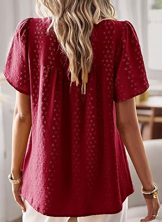 Womens Summer Tops Short Sleeve Shirts Floral Crochet Chiffon Blouses Swiss Dot Clothing