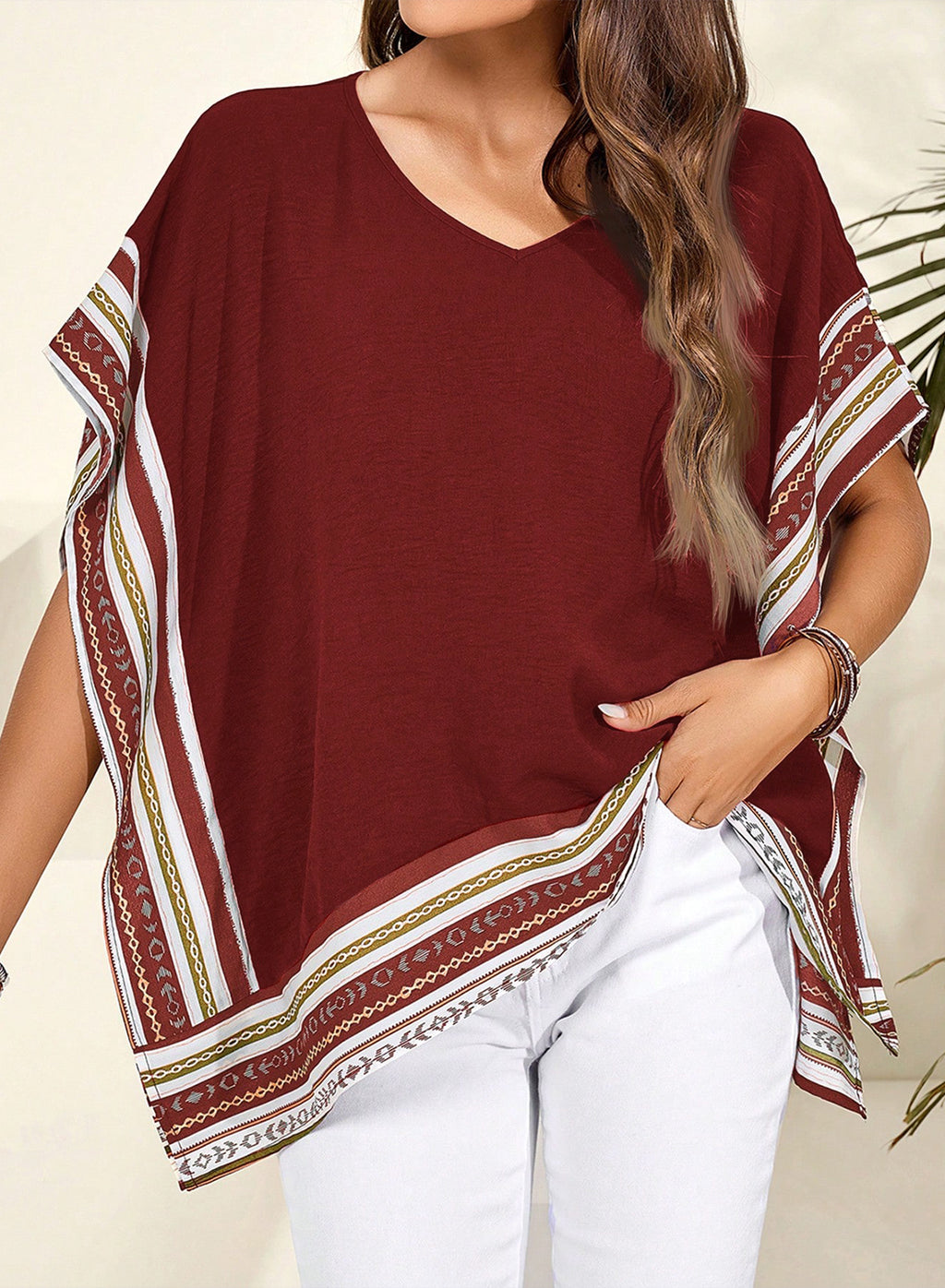 Women's Casual V Neck Floral Tops Batwing Sleeve Blouse Loose Fitting Shirts